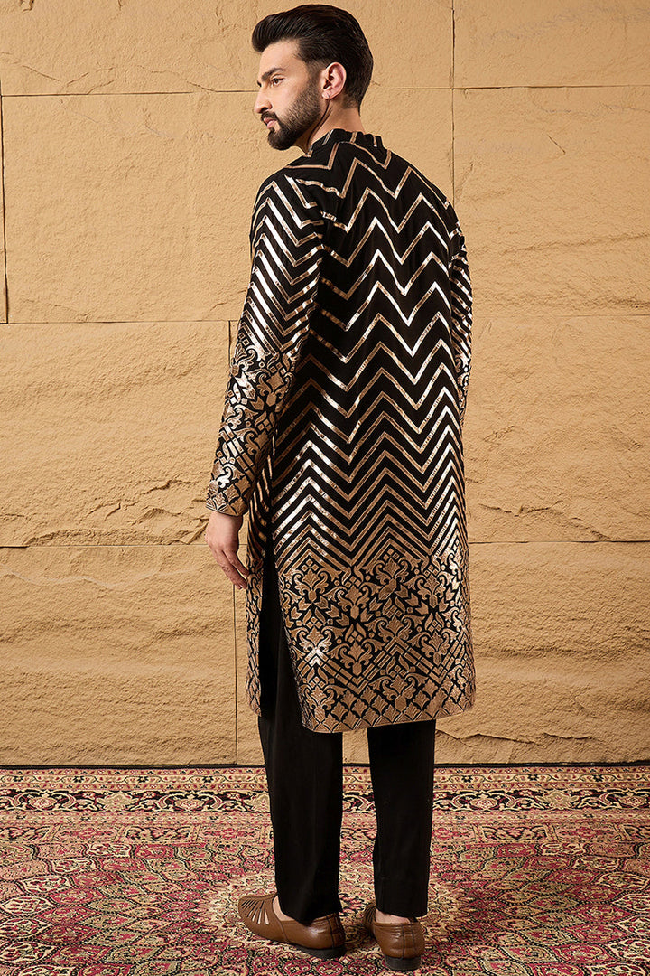 Black Georgette Solid Embroidered Straight Kurta with Trouser  | SHOBITAM