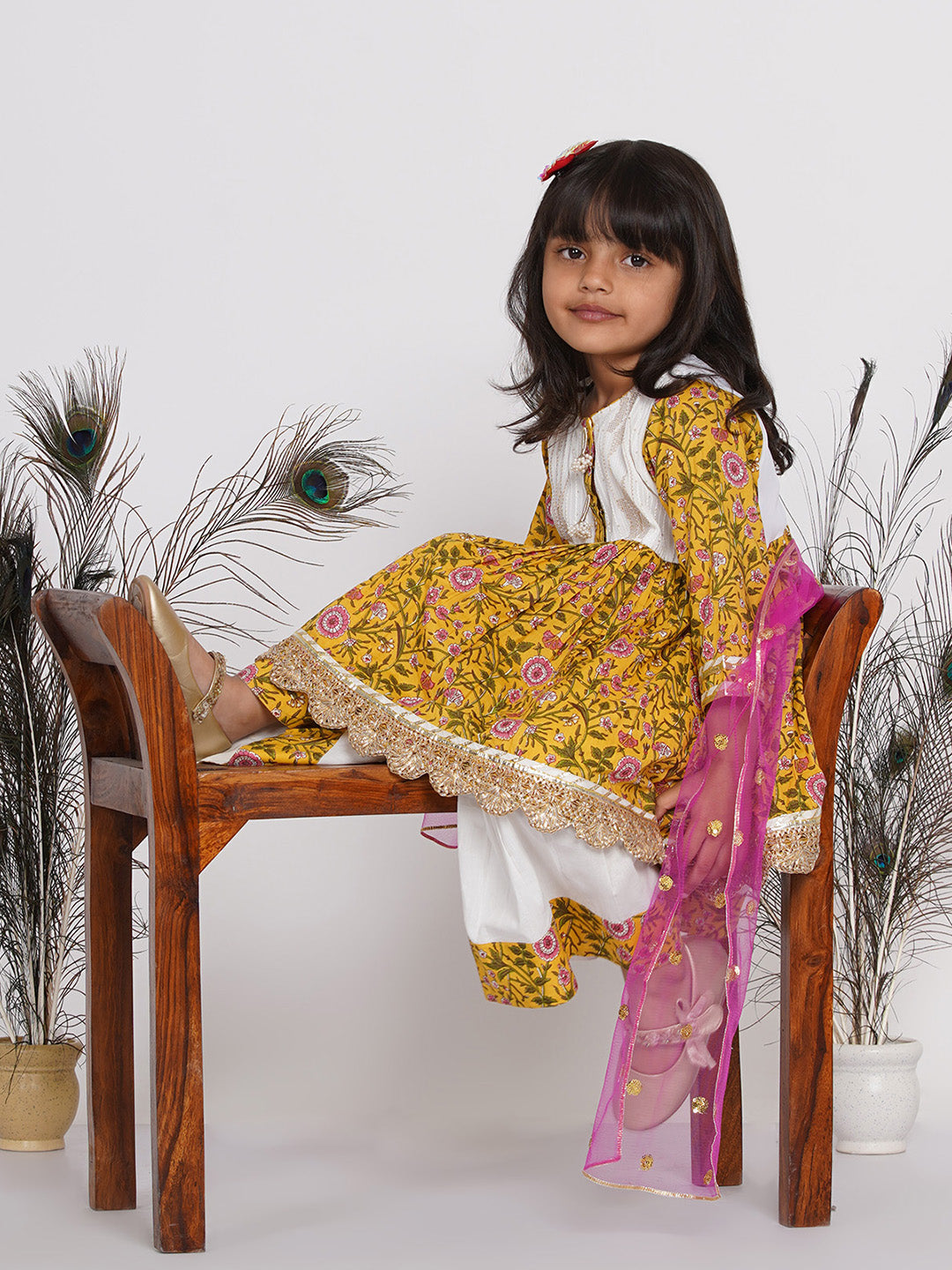 Girls Floral Kurta Frock with Sharara and Dupatta - White & Yellow | SHOBITAM