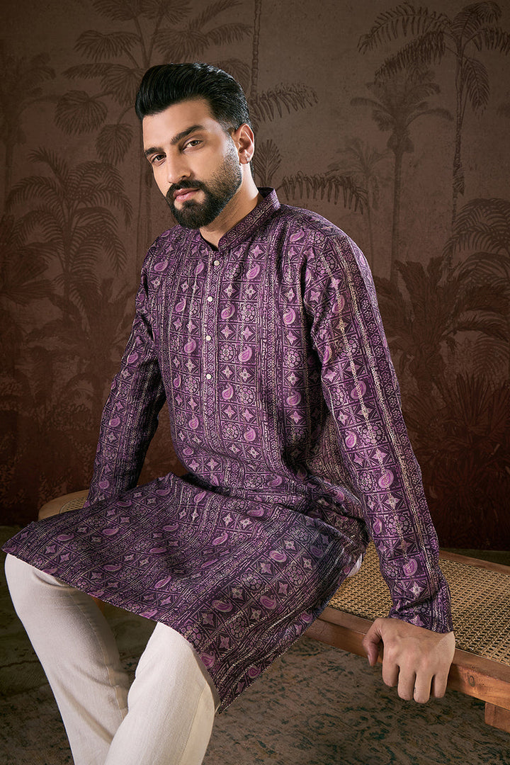 Purple Silk Blend Ethnic Motifs Printed Straight Kurta For Men | SHOBITAM