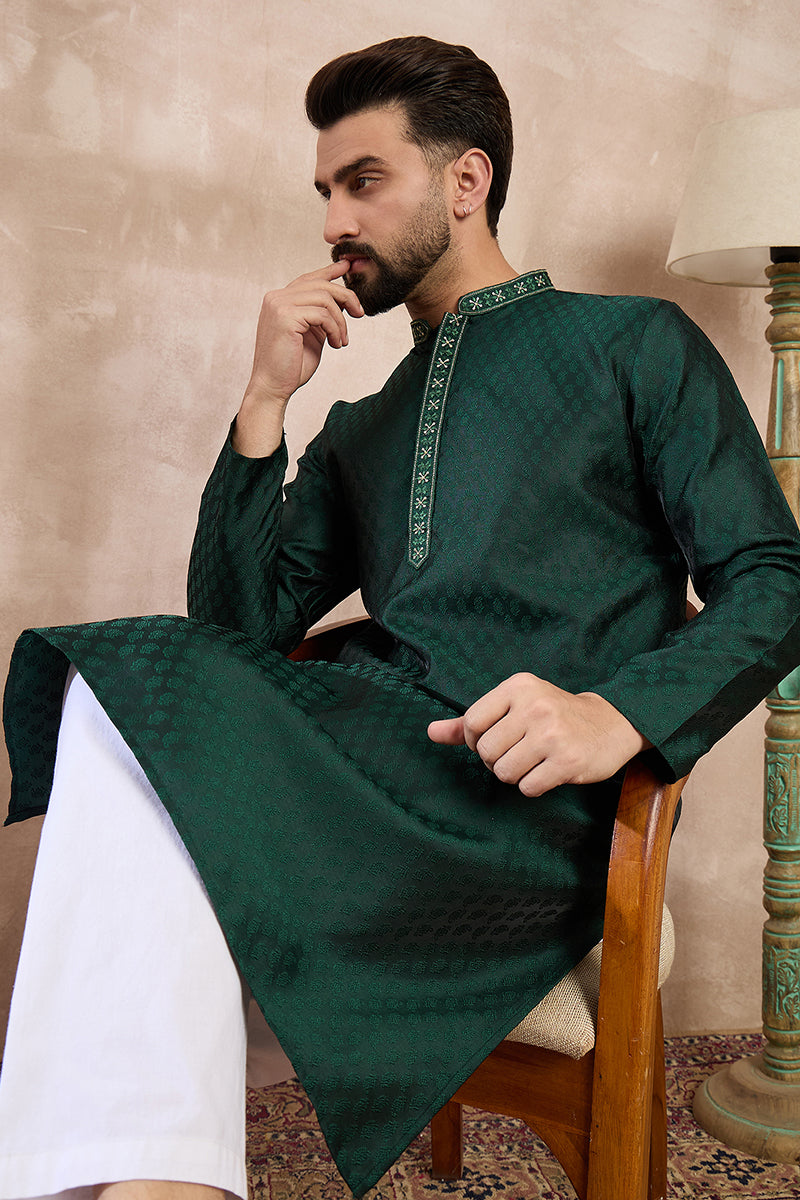 Green Silk Blend Solid Woven Design Straight Kurta With Trouser | SHOBITAM