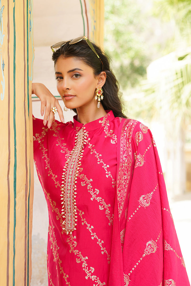 Pink Silk Blend Floral Printed Straight Kurta Trousers With Dupatta | SHOBITAM