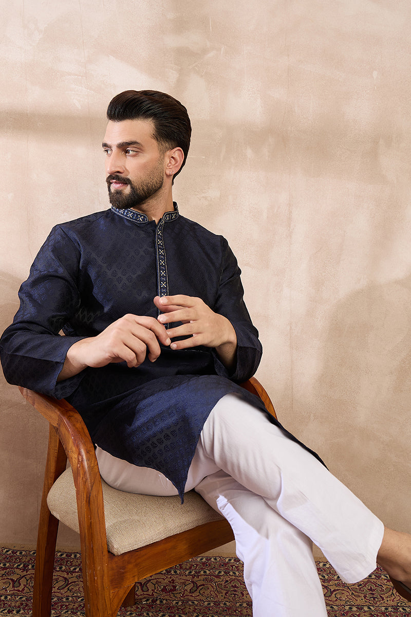 Navy Blue Silk Blend Solid Woven Design Straight Kurta With Trouser | SHOBITAM