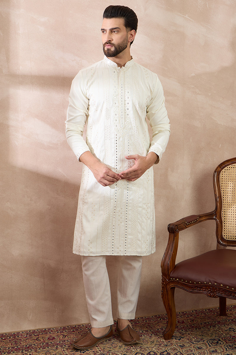 White Silk Blend Embroidered Mandarin Collar Straight Kurta With Trouser | SHOBITAM