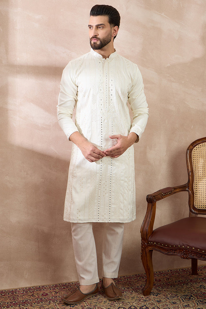 White Silk Blend Embroidered Mandarin Collar Straight Kurta With Trouser | SHOBITAM