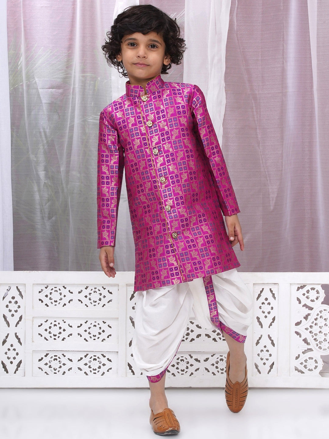 Boys Silk Brocade Full Sleeves Sherwani and Dhoti with Bird Embroidery & Kundan Buttons- Magenta | SHOBITAM