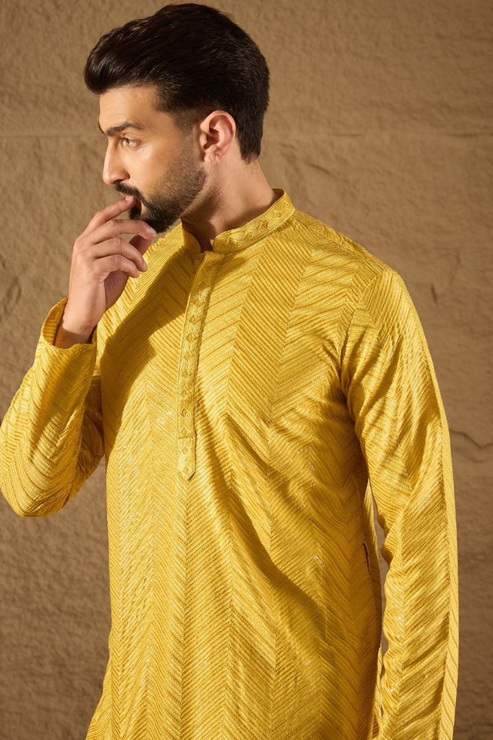 Yellow Viscose Rayon Solid Embroidered Straight Kurta | SHOBITAM