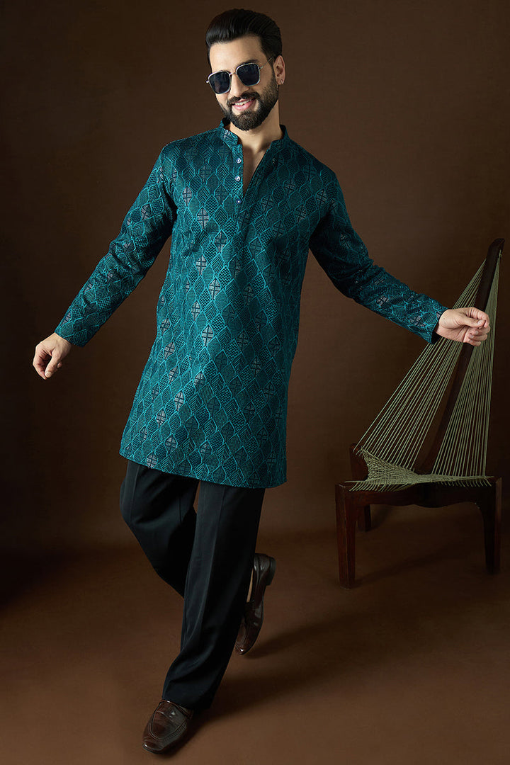 Teal Georgette Solid Embroidered Straight Kurta Sets | SHOBITAM