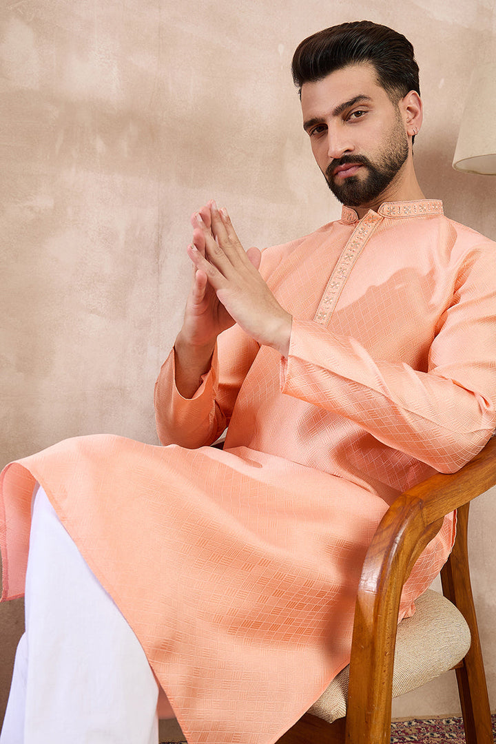 Peach Silk Blend Solid Embroidered Straight Kurta With Trouser | SHOBITAM