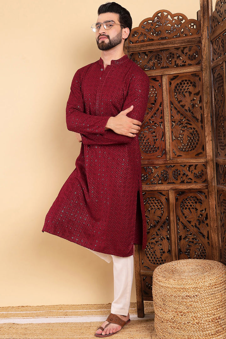 Maroon Viscose Rayon Solid Embroidered Straight Kurta For Men | SHOBITAM