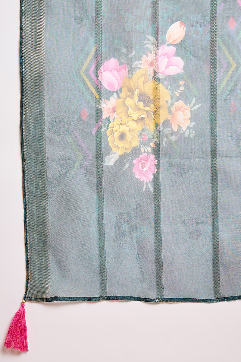 Green Silk Blend Solid Embroidered Straight Kurta Trouser With Dupatta | SHOBITAM