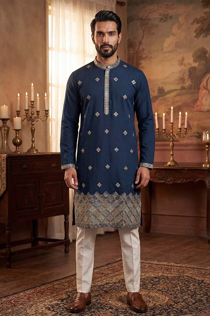 Silk Blend Blue Solid Embroidered Calf Length Straight Kurta | SHOBITAM