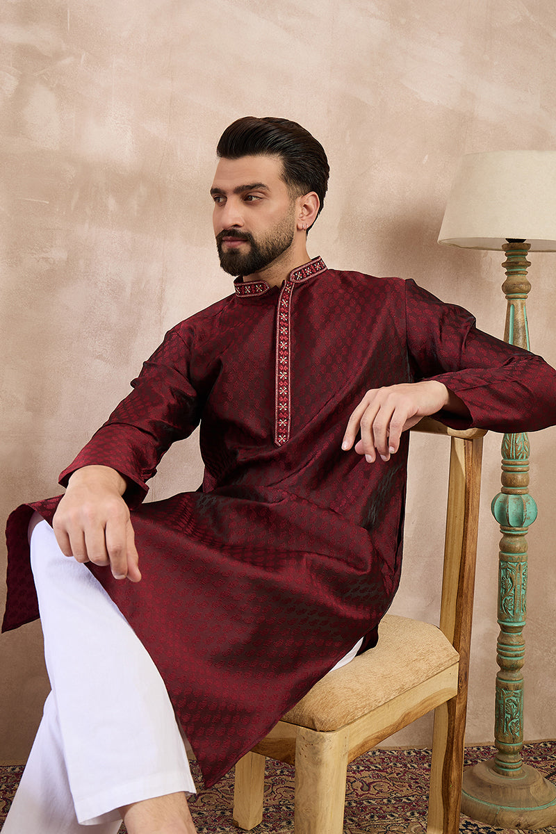 Maroon Silk Blend Solid Woven Design Straight Kurta With Trouser | SHOBITAM
