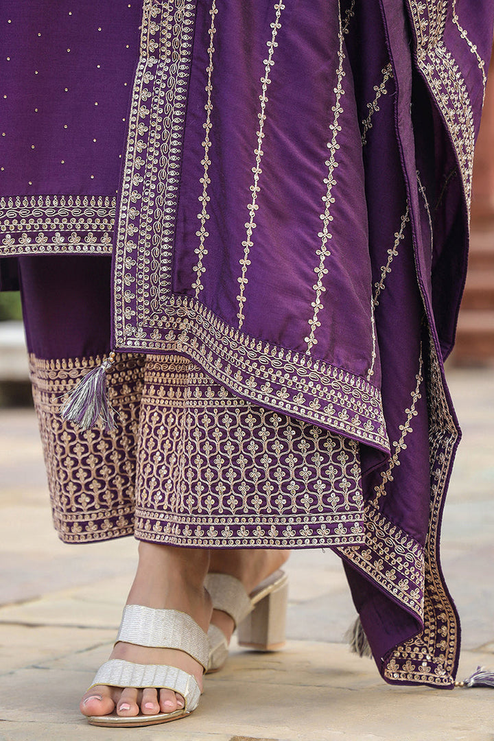 Purple Silk Blend Straight Kurta Palazzo With Dupatta | SHOBITAM