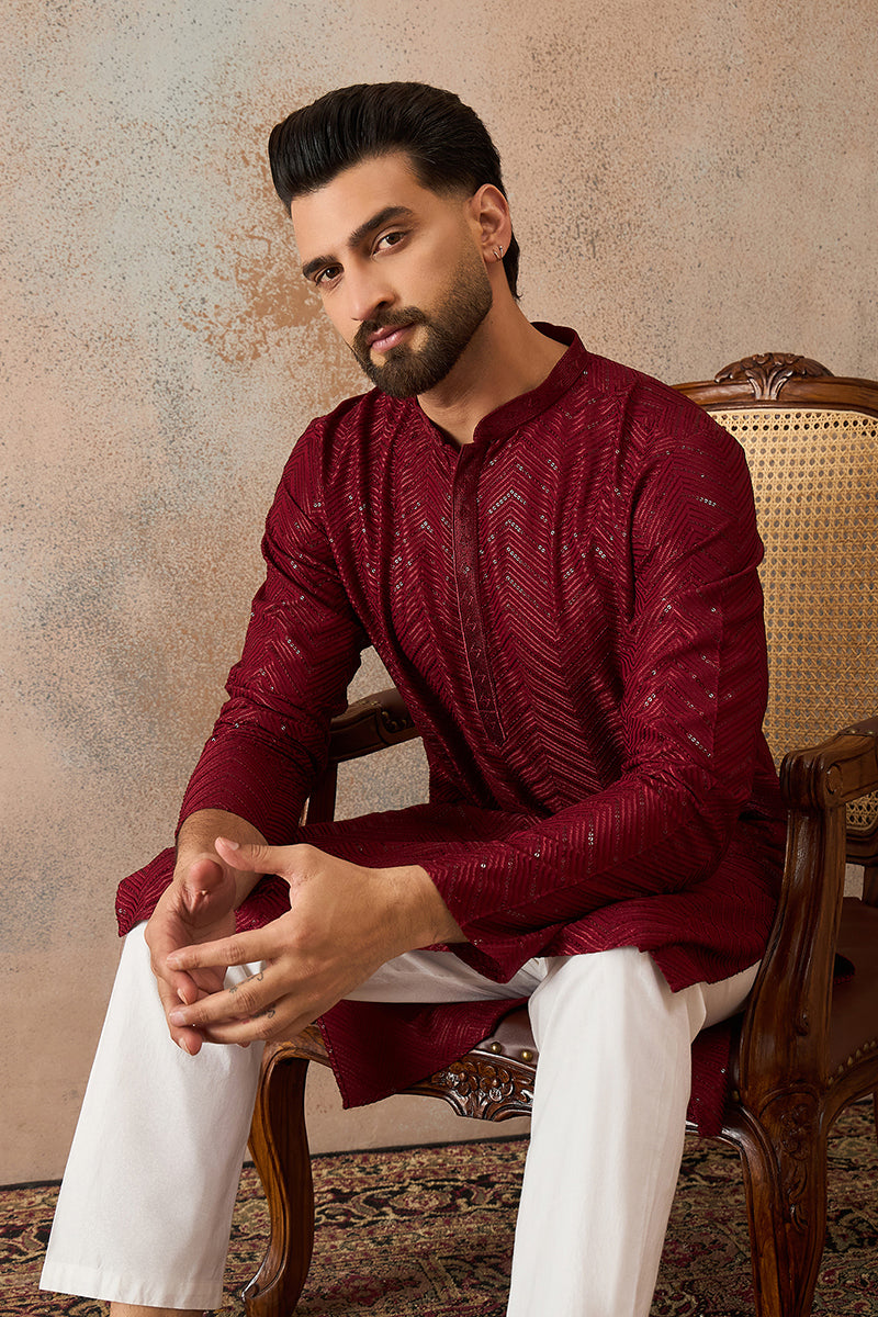 Maroon Rayon Embroidered Straight Kurta | SHOBITAM