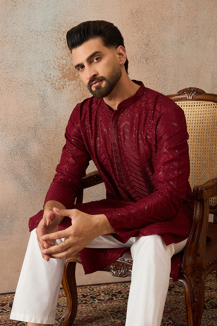 Maroon Rayon Embroidered Straight Kurta | SHOBITAM