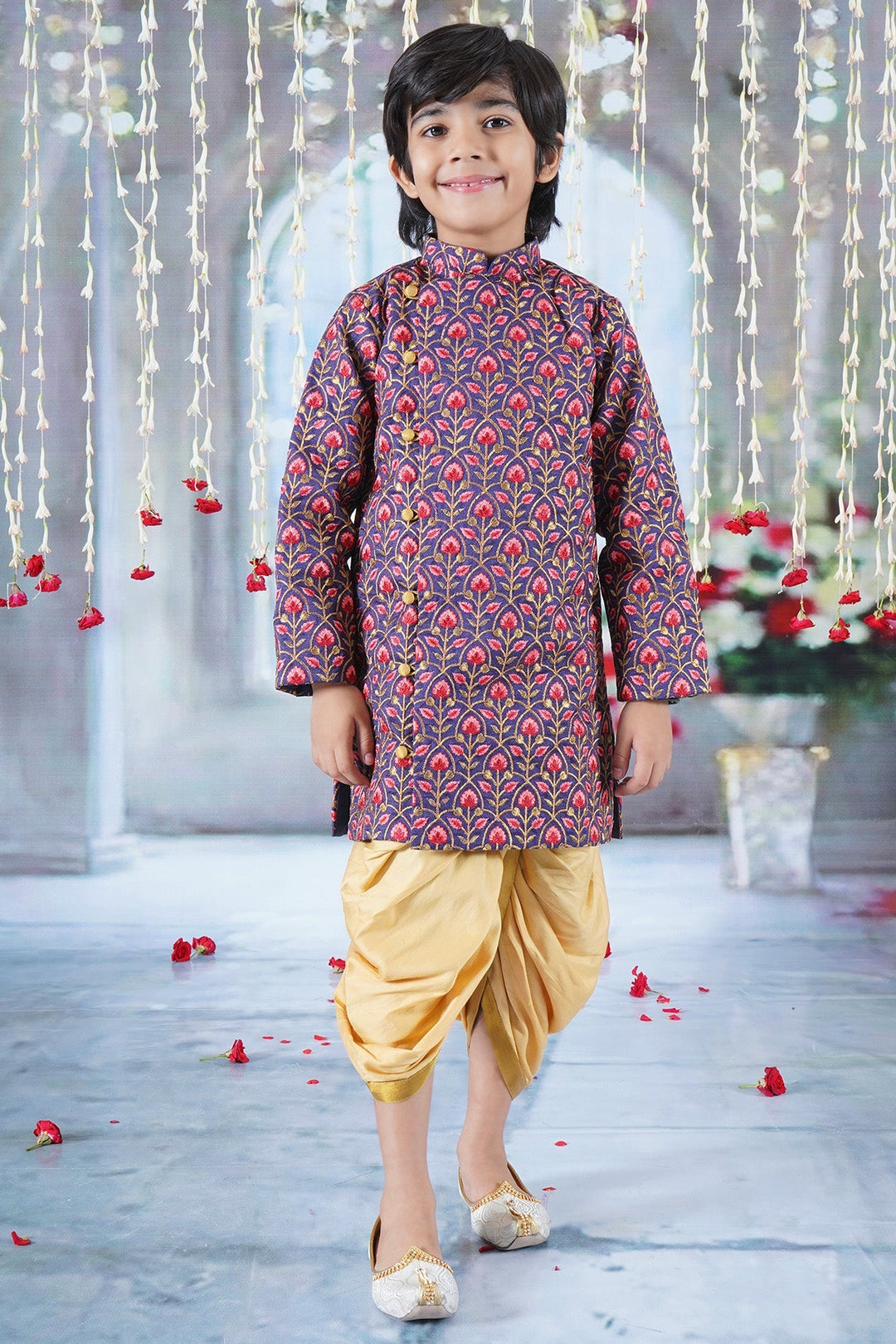Boys Bageecha Floral Thread work Angrakha Sherwani with Beige Silk Dhoti  | SHOBITAM