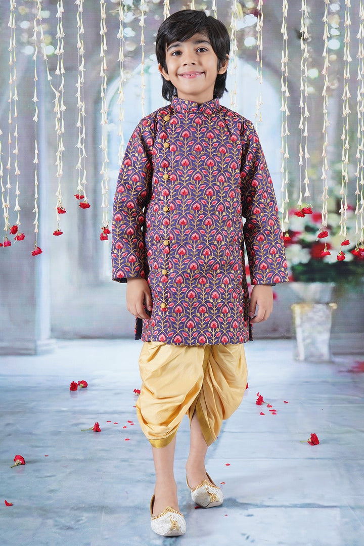 Boys Bageecha Floral Thread work Angrakha Sherwani with Beige Silk Dhoti  | SHOBITAM
