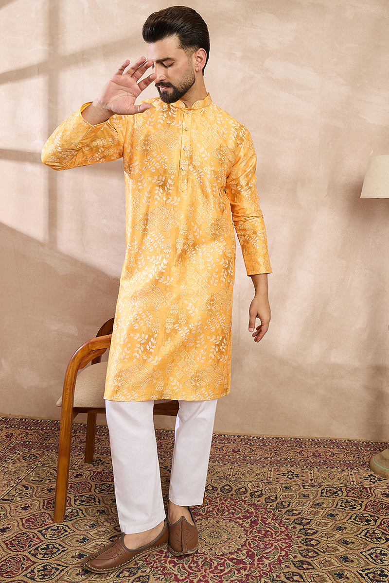 Yellow Silk Blend Ethnic Motifs Printed Straight Kurta With Trouser | SHOBITAM