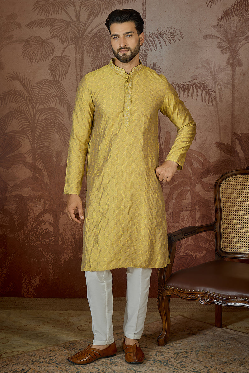 Mens Yellow Jacquard Solid Embroidered Kurta | SHOBITAM