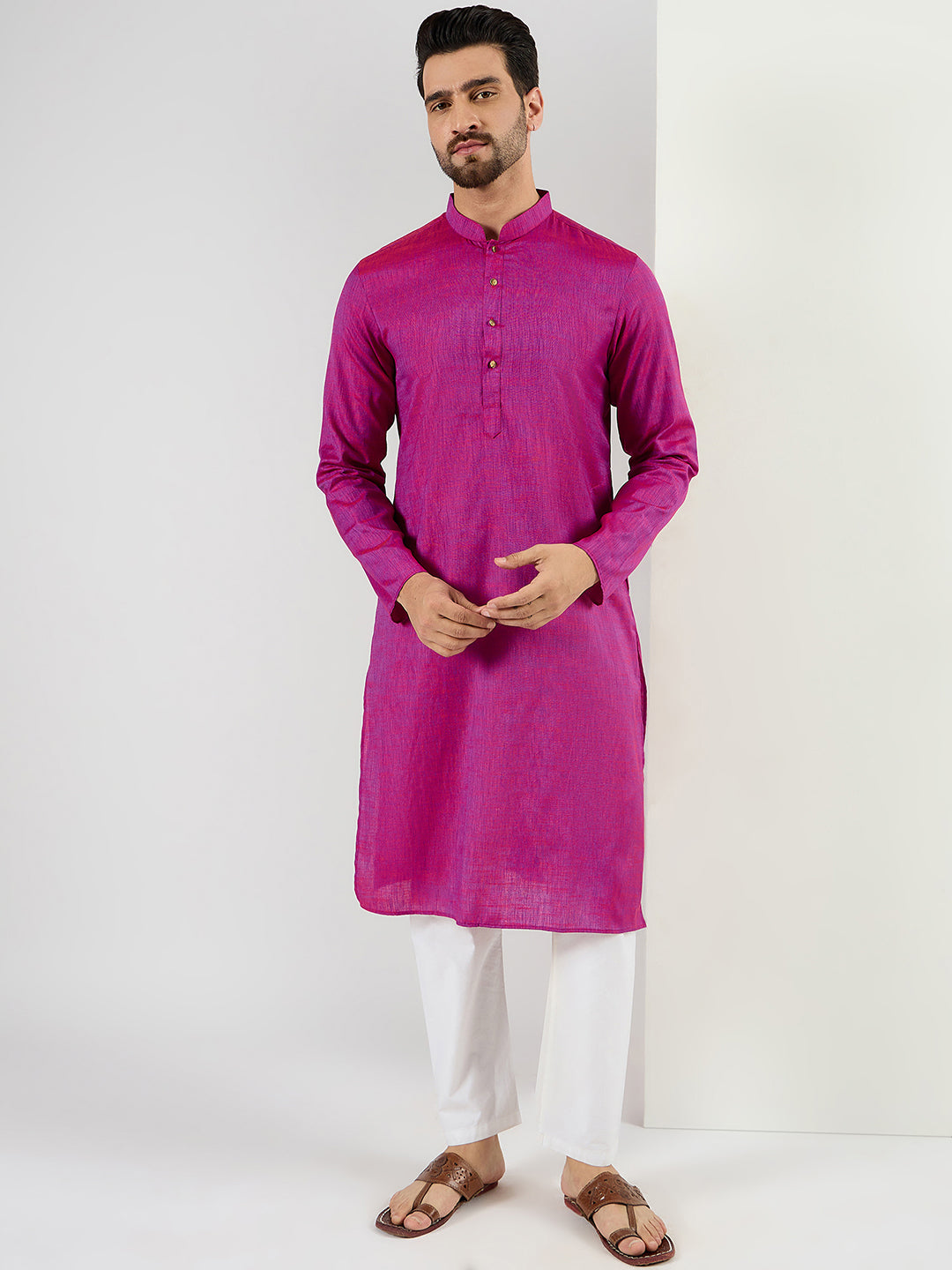 Pink Cotton Solid Woven Design Straight Kurta With Pant Set | SHOBITAM