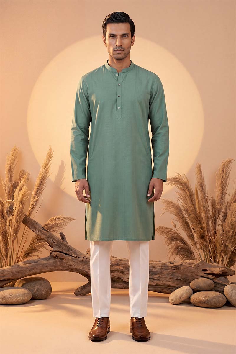 Mens Green Silk Blend Solid Solid Kurta With Trousers | SHOBITAM