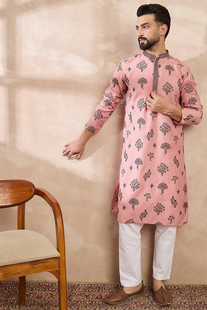 Peach Silk Blend Solid Embroidered Straight Kurta With Trouser For Men | SHOBITAM