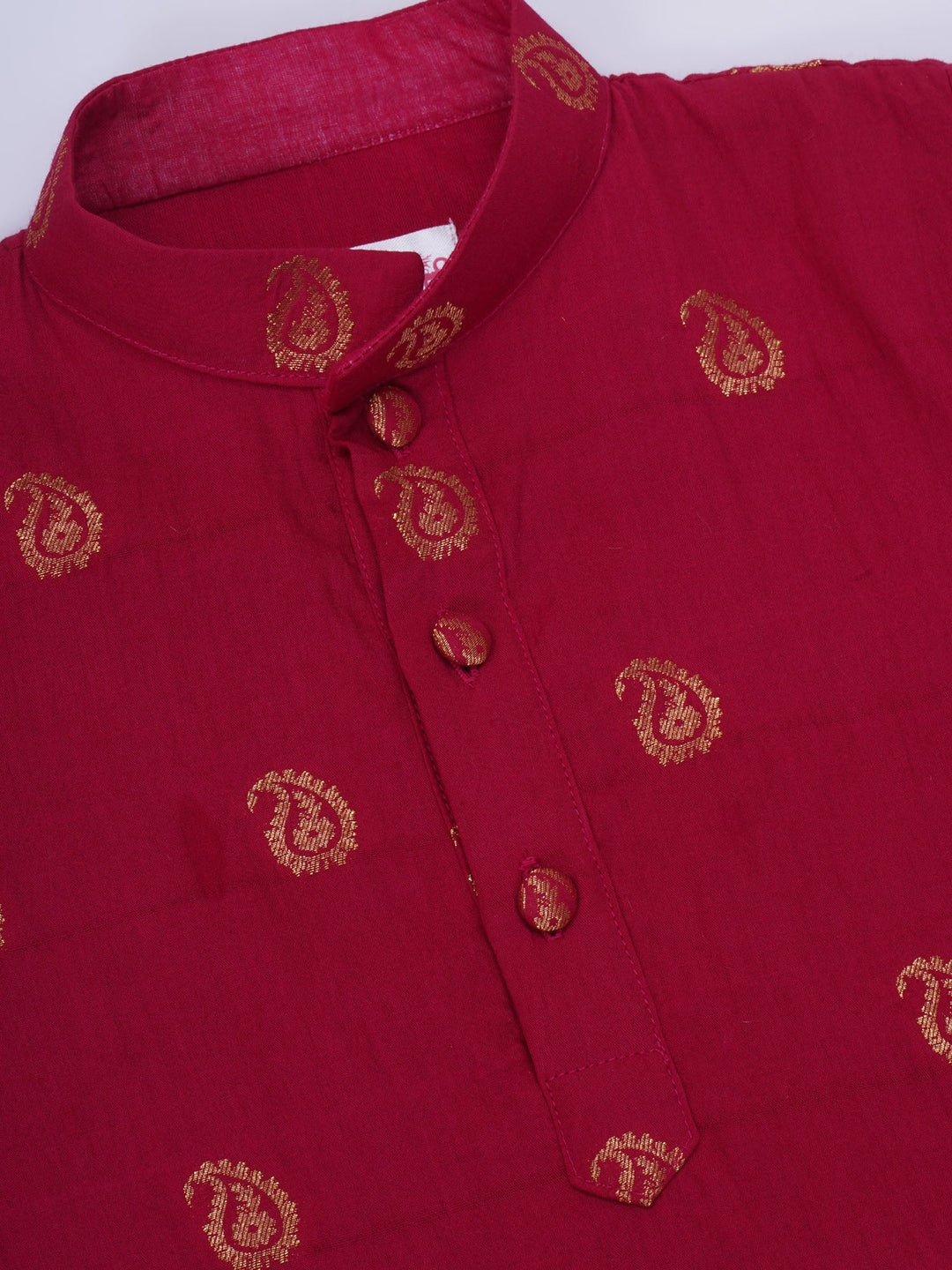 Boys Cotton Full Sleeves Kurta and Dhoti with Golden Paisley Zari Work- Rani | SHOBITAM