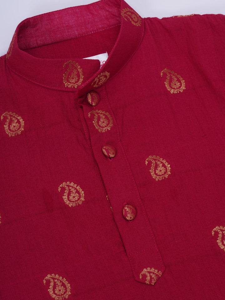 Boys Cotton Full Sleeves Kurta and Dhoti with Golden Paisley Zari Work- Rani | SHOBITAM