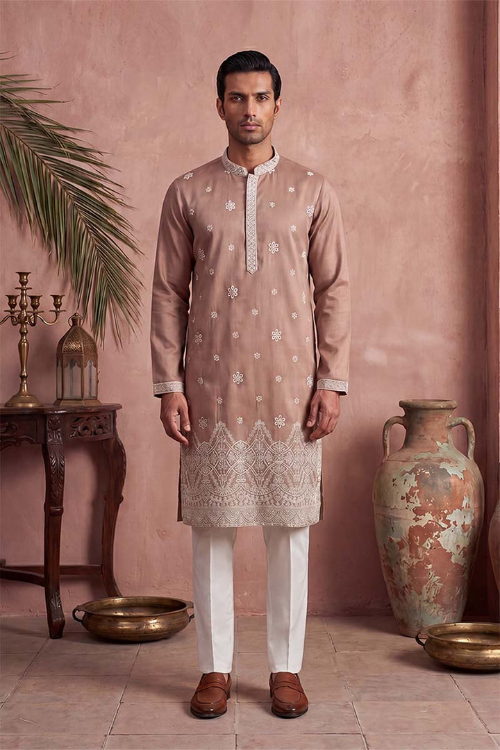 Mens Pink Silk Blend Solid Embroidered Kurta With Trousers | SHOBITAM
