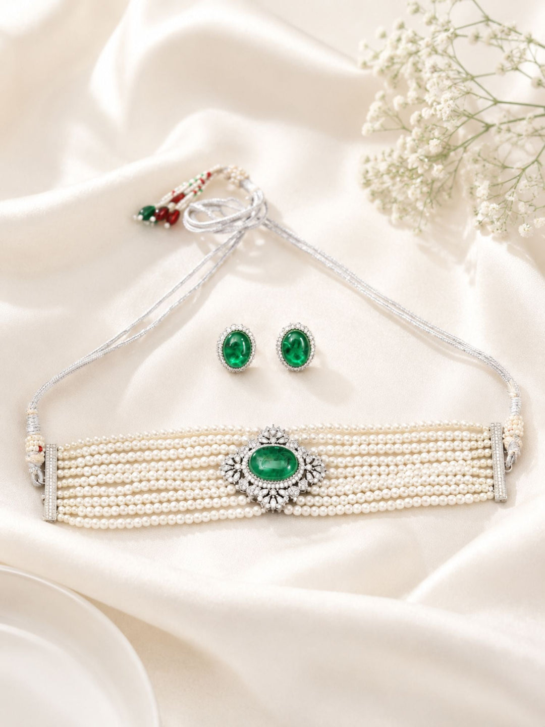 Emerald Pearl Choker Necklace Set in Silver Plating | SHOBITAM