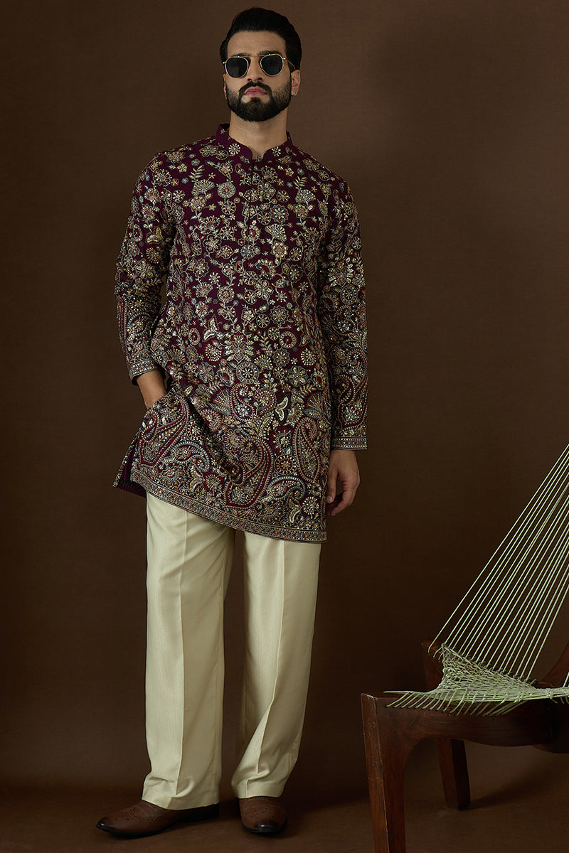 Wine Georgette Solid Embroidered Straight Kurta | SHOBITAM