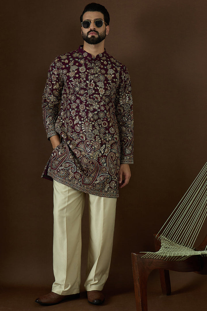 Wine Georgette Solid Embroidered Straight Kurta | SHOBITAM