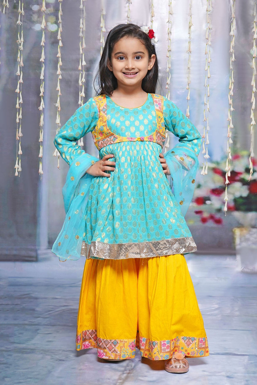 Girls Floral work Kurta with Sharara and Dupatta with Embroidery Work | SHOBITAM