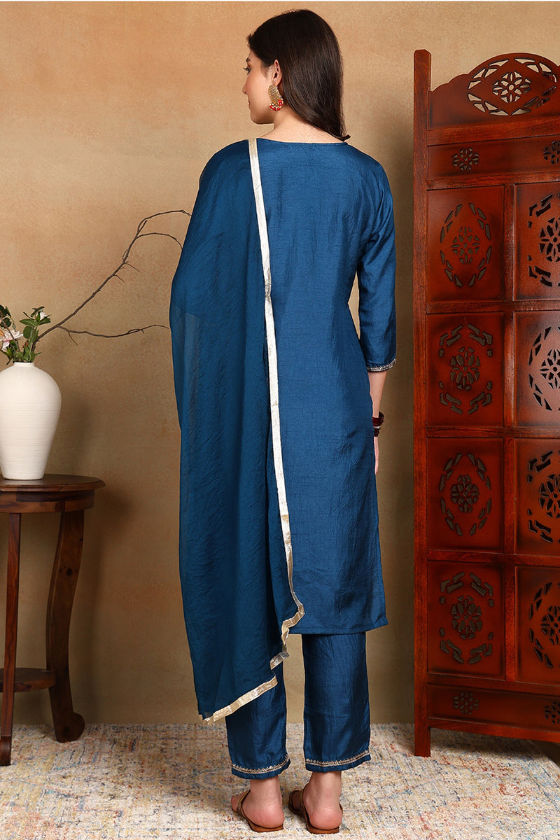Silk Blend Blue Embroidered Straight Kurta Pant With Dupatta | SHOBITAM