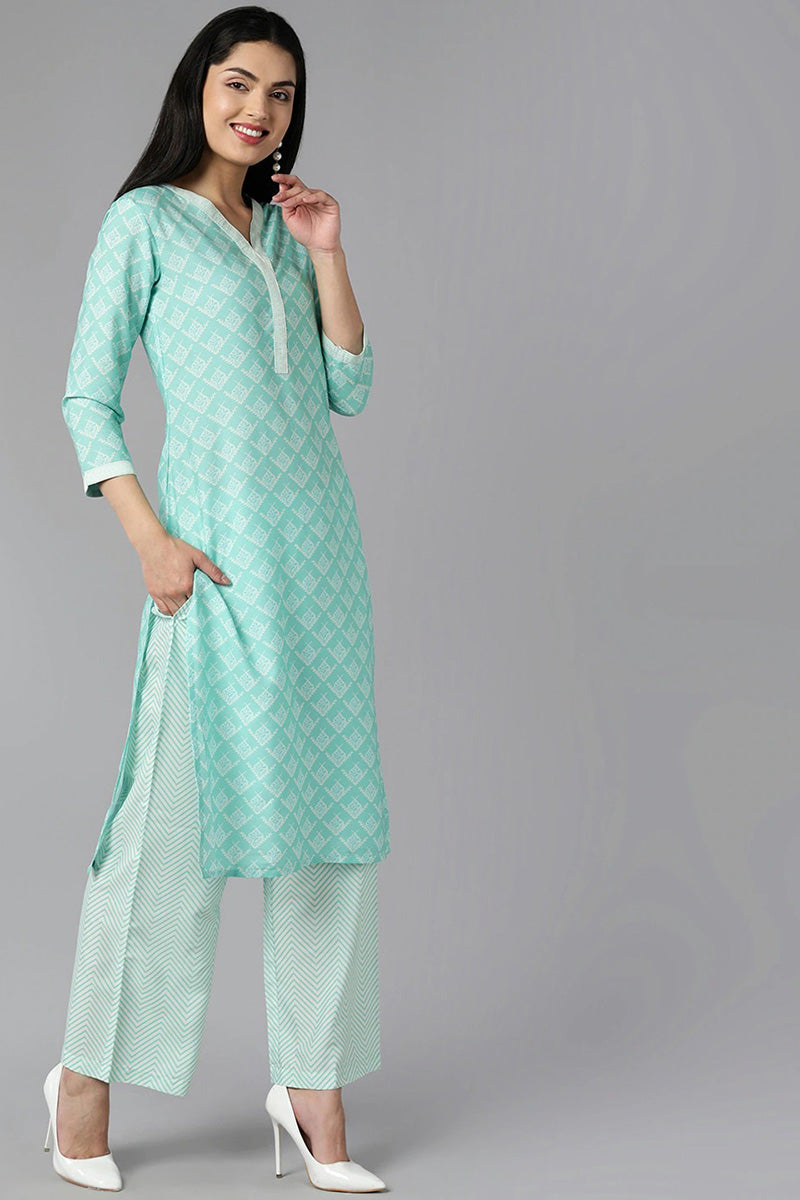 Sea Green Polyester Straight Kurta Palazzo With Dupatta | SHOBITAM