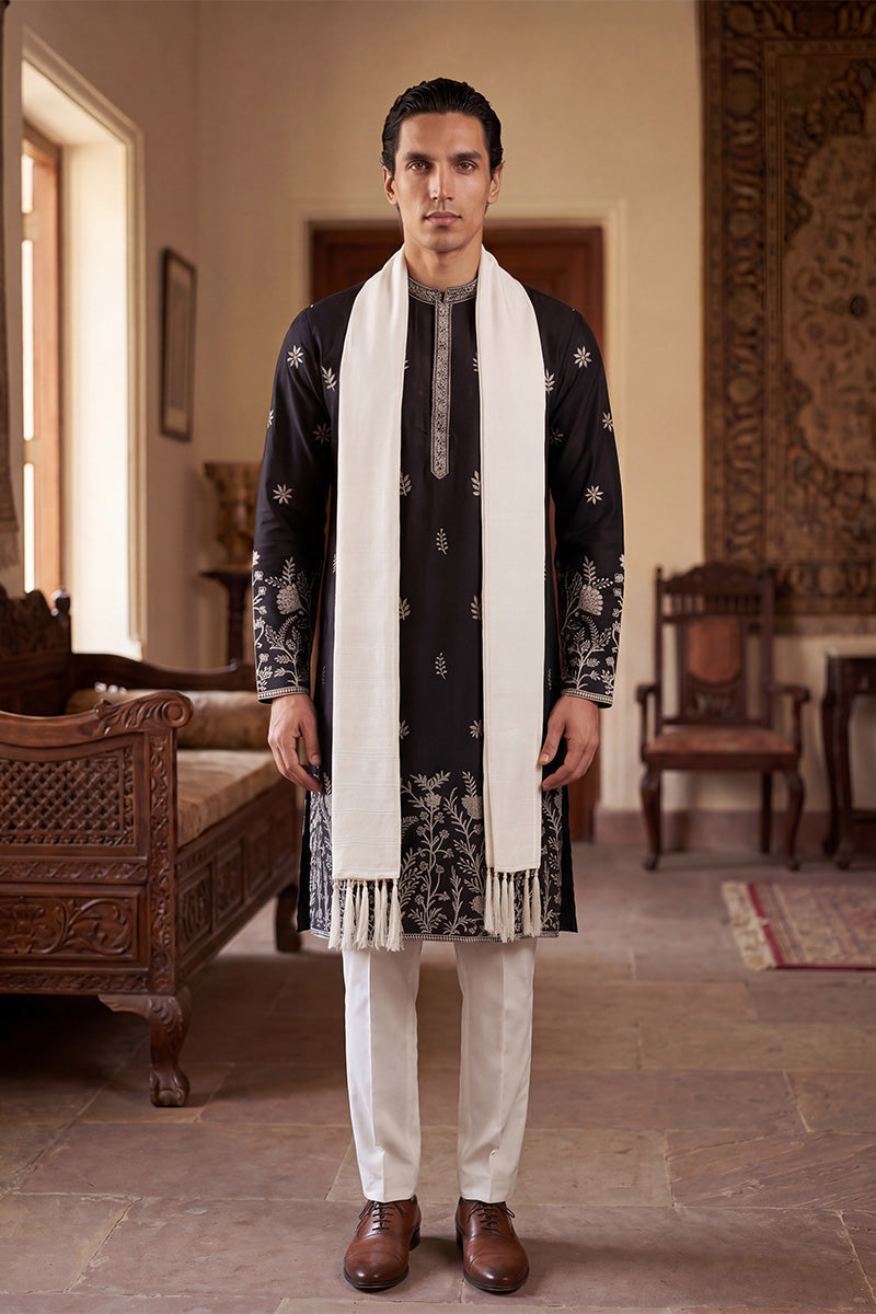 Men Black Silk Blend Solid Embroidered Straight Kurta Sets  | SHOBITAM