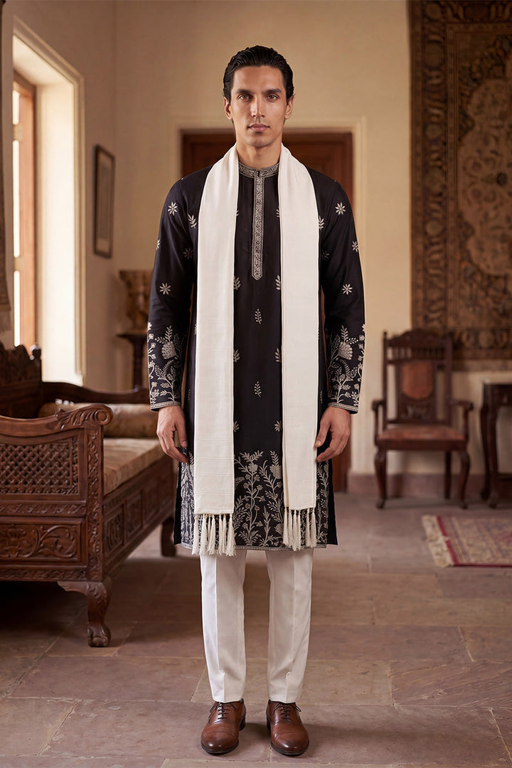 Men Black Silk Blend Solid Embroidered Straight Kurta Sets  | SHOBITAM