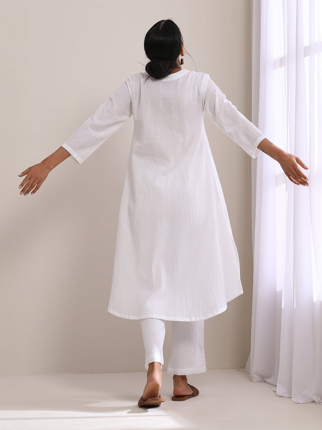 White Dobby Flared Slit Kurta Pant Set  | SHOBITAM