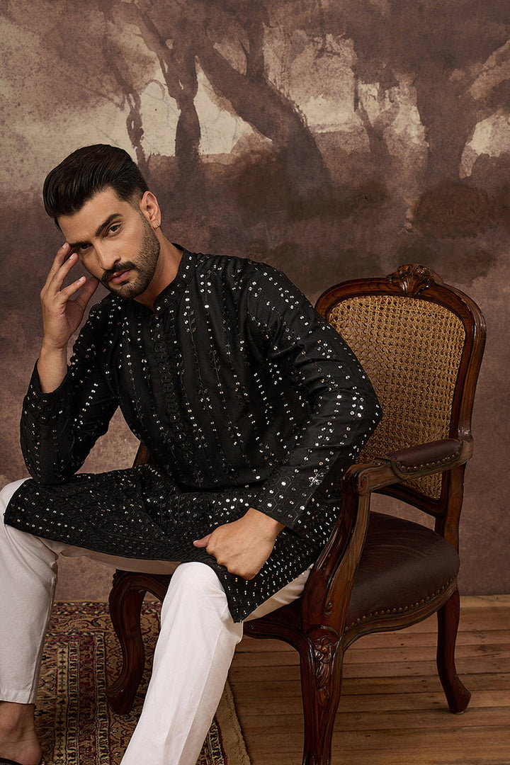 Black Silk Blend Solid Embroidered Straight Kurta With Pant Set | SHOBITAM