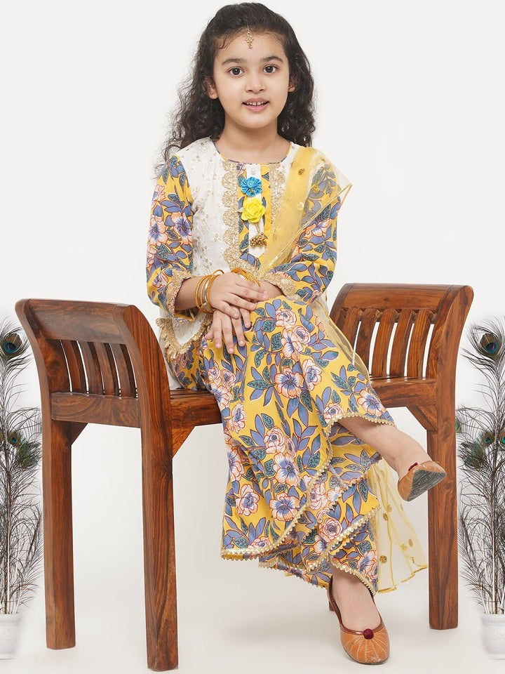 Girls Cotton Floral Embroidery Kurta with Floral Detailing and Floral Sharara | SHOBITAM