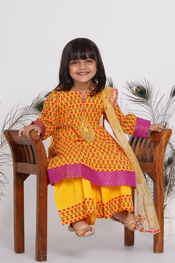 Girls Cotton Jaipuri Princecut Kurta frock with buti work, Sharara, and Dupatta | SHOBITAM