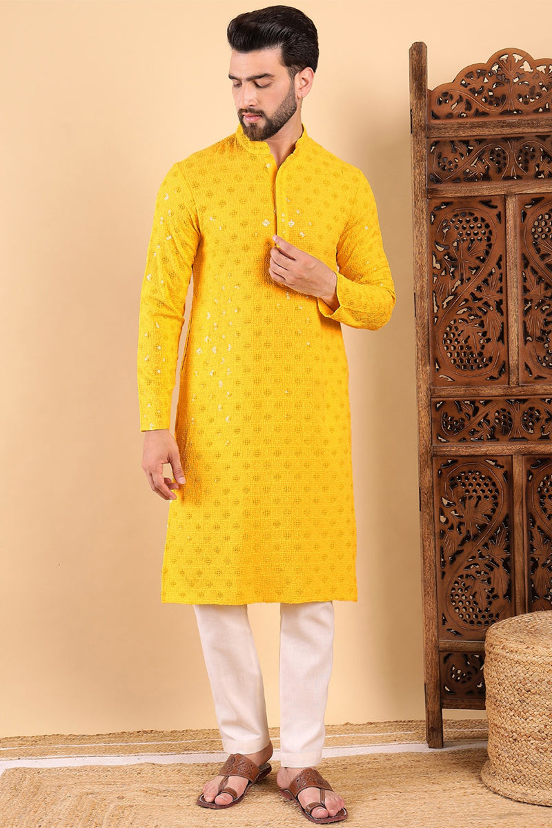 Yellow Viscose Rayon Solid Embroidered Straight Kurta For Men | SHOBITAM