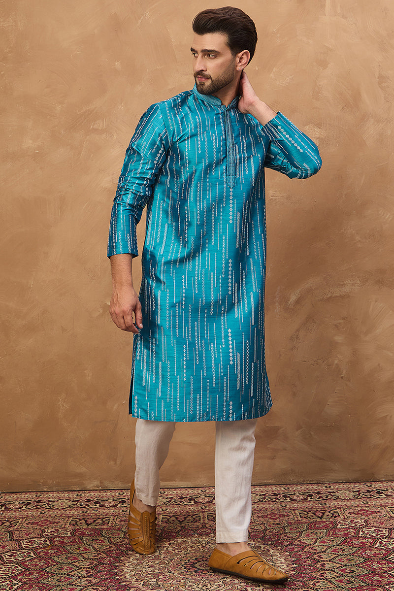 Blue Silk Blend Geometric Printed Straight Kurta | SHOBITAM