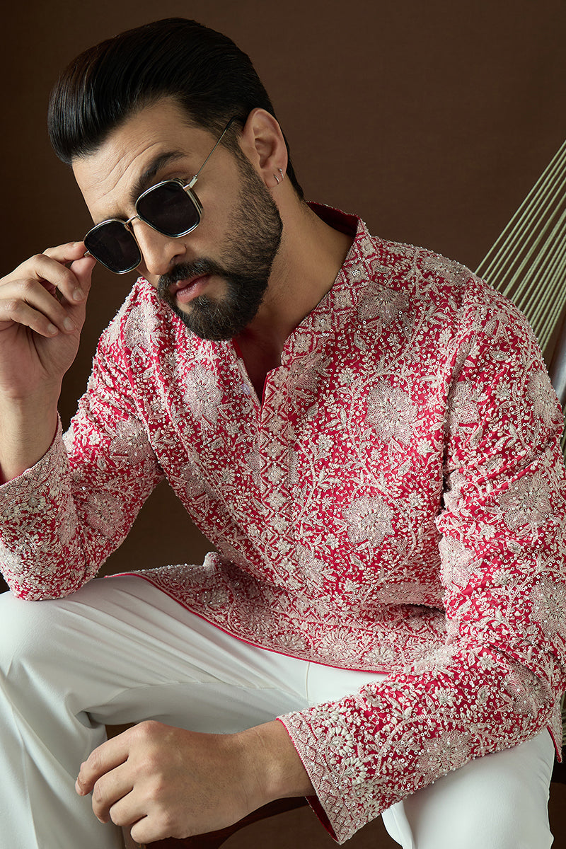Pink Georgette Solid Embroidered Straight Kurta | SHOBITAM