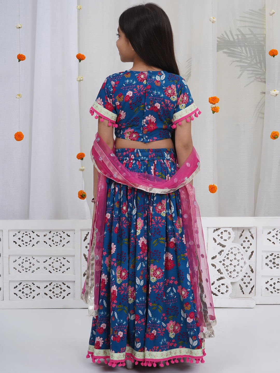 Girls Royal Blue Cotton Phoolon ki Bahar Lehenga Set | SHOBITAM