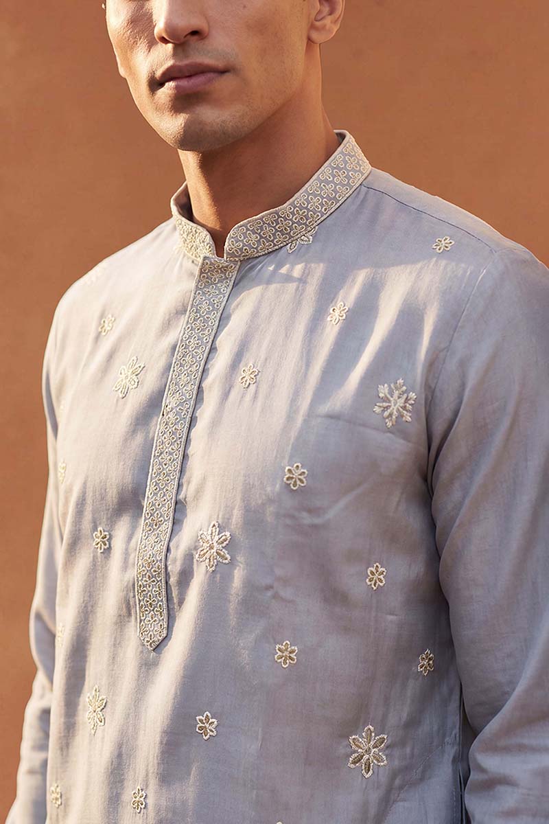 Mens Blue Silk Blend Solid Embroidered Kurta With Trousers | SHOBITAM