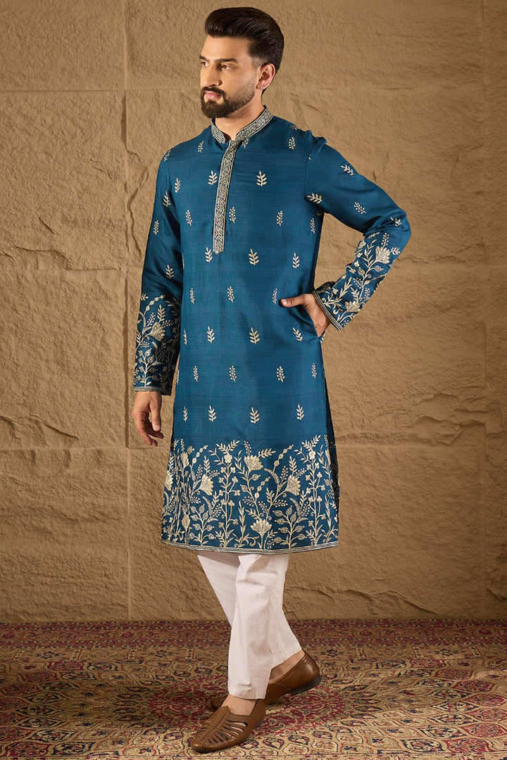 Blue Chanderi Silk Solid Embroidered Straight Kurta with Trouser  | SHOBITAM