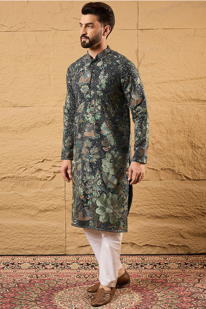 Green Silk Georgette Solid Embroidered Straight Kurta with Trouser  | SHOBITAM