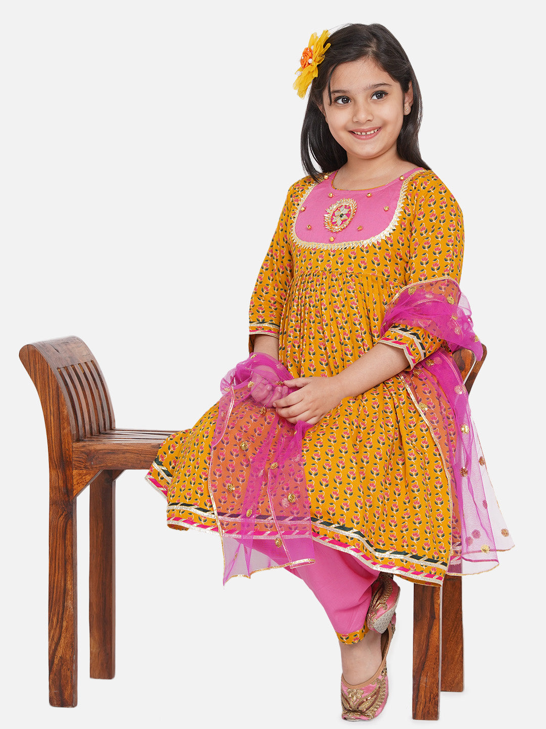 Girls Jaipuri Print Kurta Frock with Salwar in Yellow & Pink