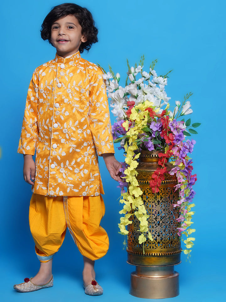 Mulberry Silk Full Sleeves Floral and Leaf Embroidery Sherwani with Dhoti - Yellow